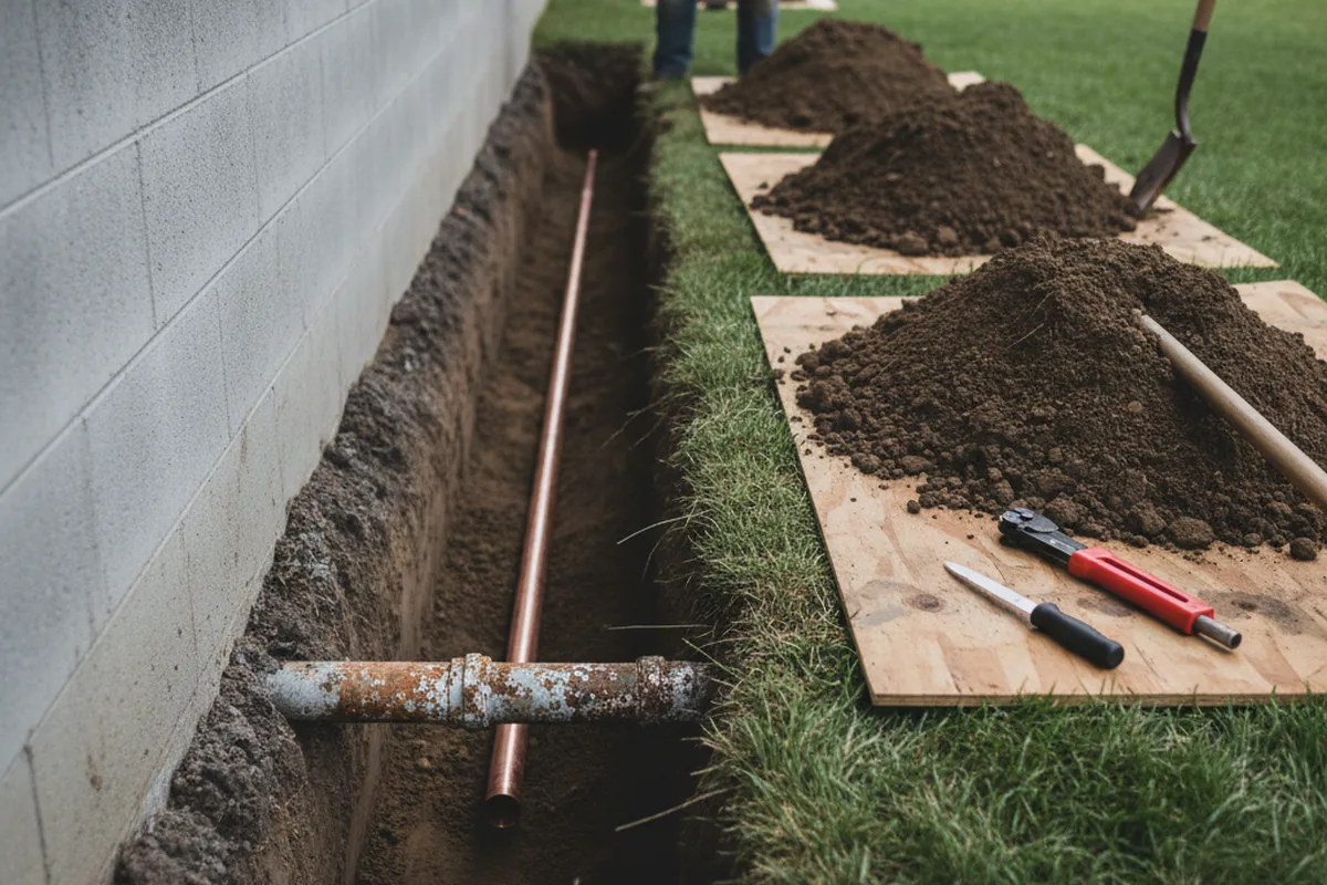 Excavated water line trench during Water Softener Installation in Hauula
